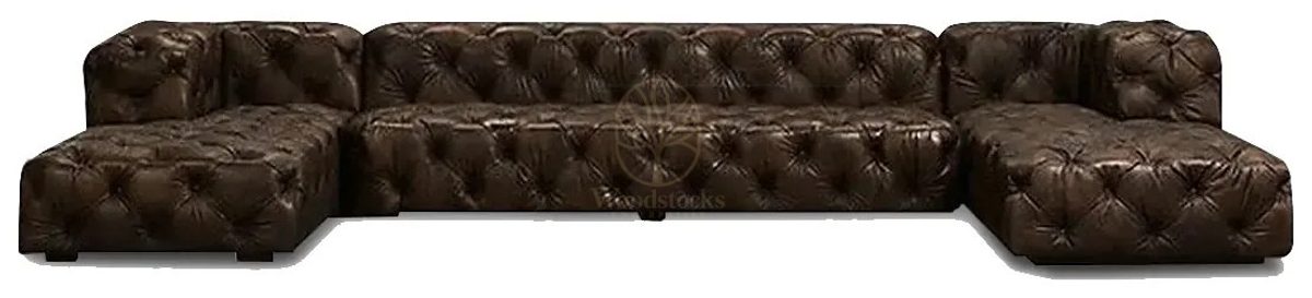 Royal Halifax Chesterfield Leather Hand Carved Teak L-Shape Sofa, Saharanpur, L Shape Sofa