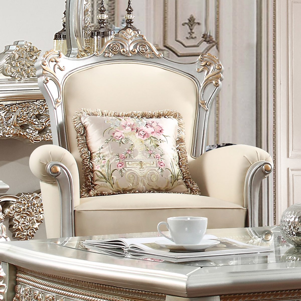WSE High Quality Teak Wood European Antique Gold 3-Piece Sofa Set, Sofa Set