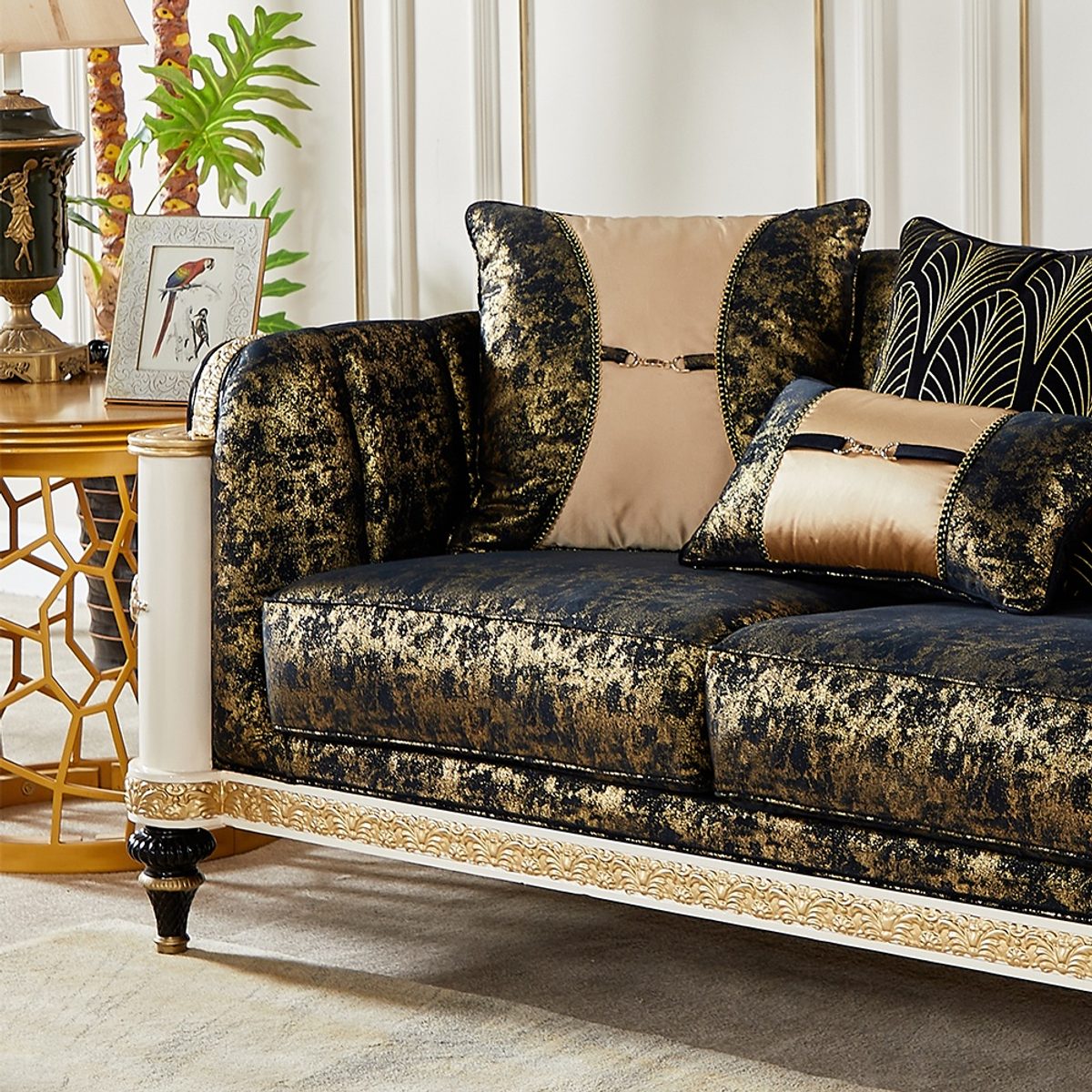 WSE High Quality Teak Wood Luxury Gold Sofa Set, Sofa Set