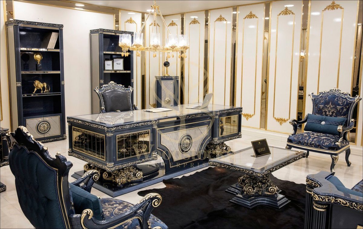 Teak Roma Navy and Gold Executive Office Desk, view 3