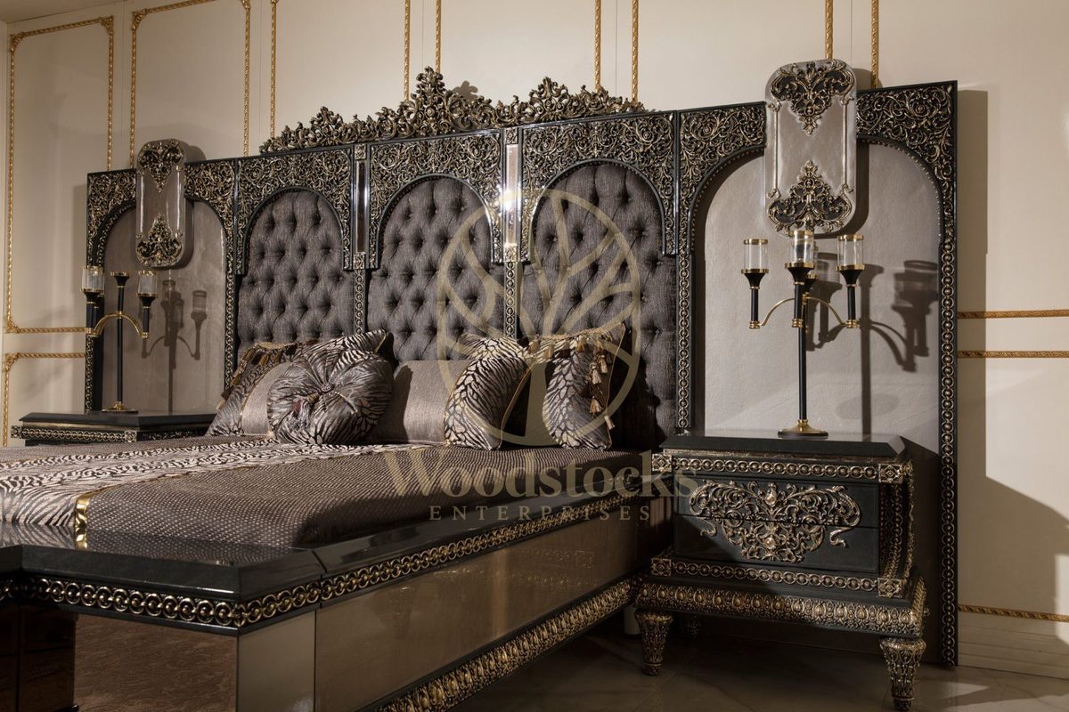 Teak Ornate Charcoal and Silver 4-Piece King Size Bed, view 12