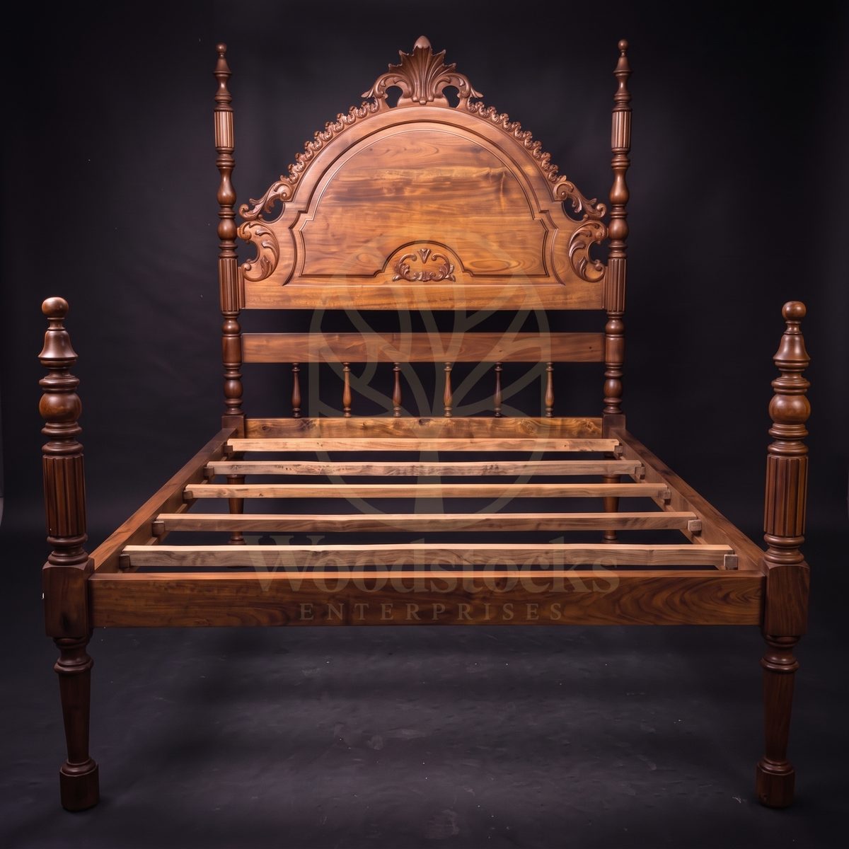 Royal Hand Carved Teak New Orleans Rococo Revival Four-Poster Bed, Saharanpur, view 5