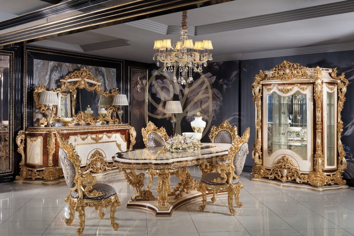 Teak Grand Gold Leaf Baroque Dining Set, Dining Table