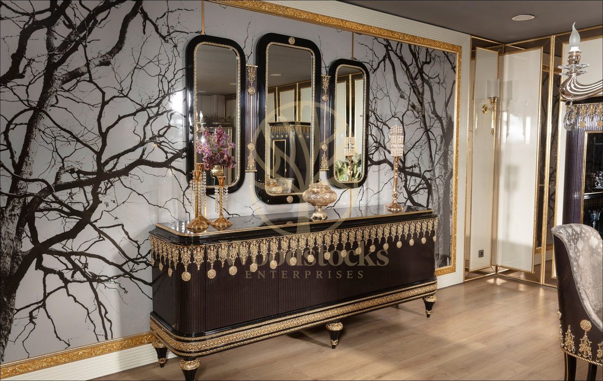 Teak Embroidered Brown and Gold Console Table, Console Table