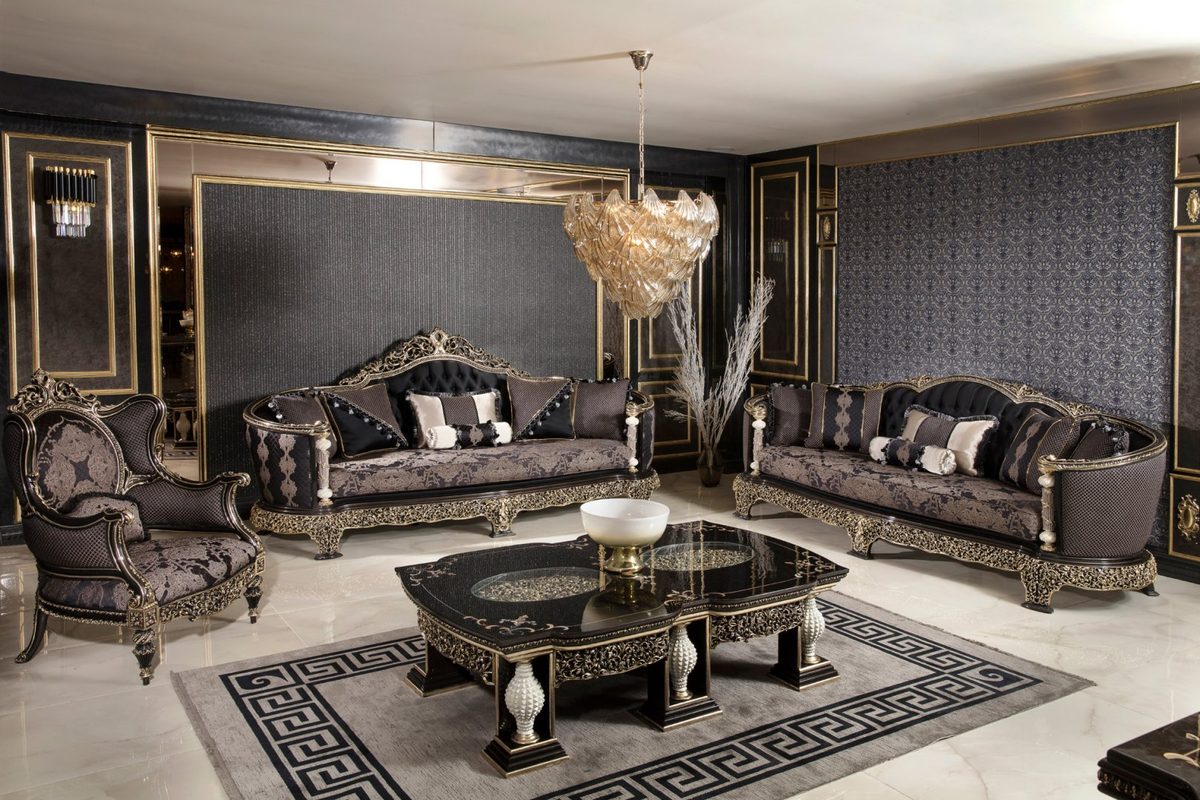 Teak Monaco Charcoal and Gold Tufted Sofa Set, Sofa Set