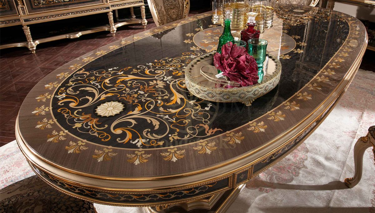Royal Balamir Marquetry Hand Carved Teak Dining Table Set, Saharanpur, view 2