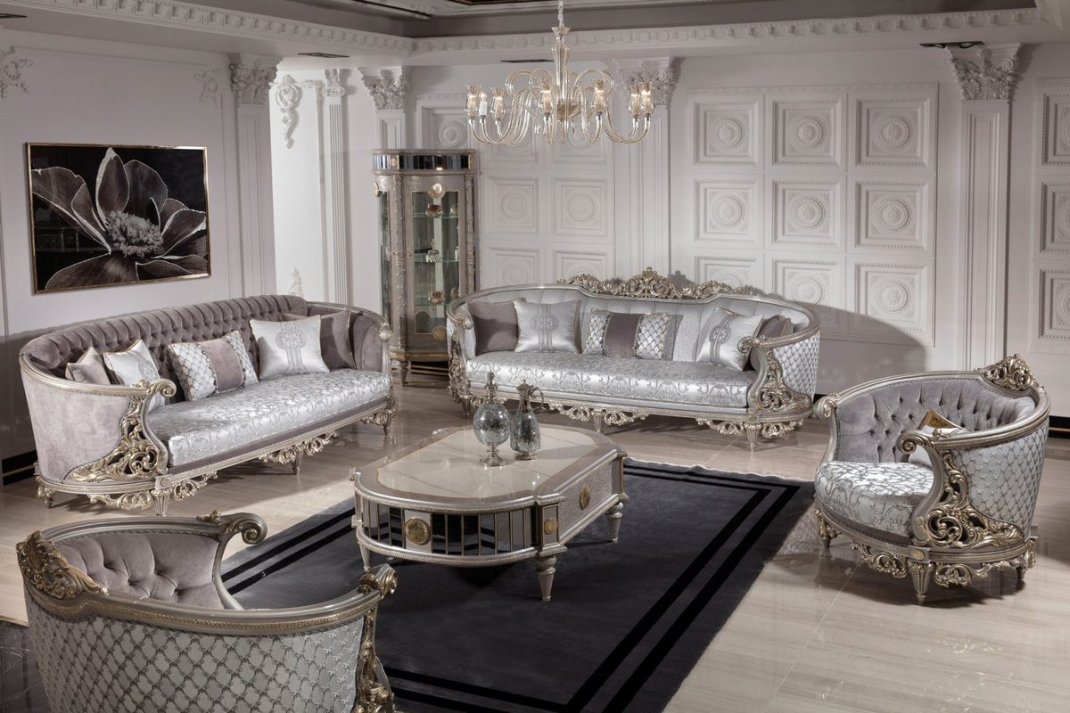 Teak Nora Silver Grey Carved Sofa Set, Sofa Set