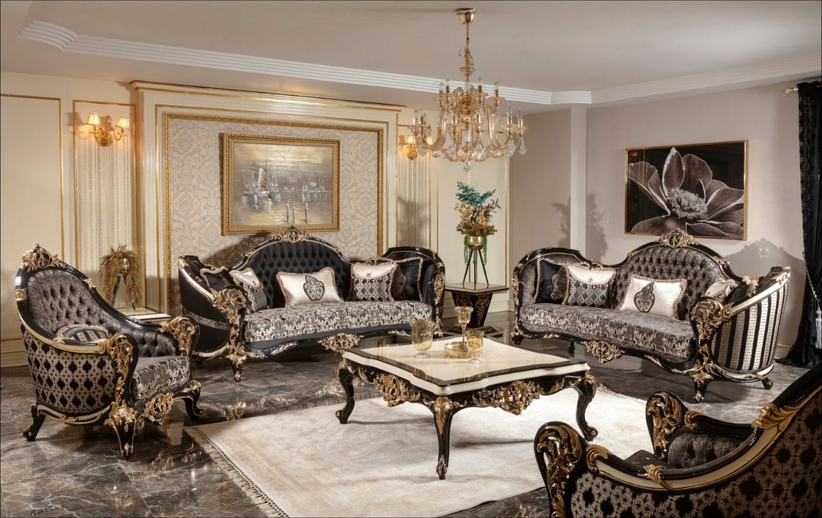 Teak Baroque Black and Gold Tufted Sofa Set, Sofa Set