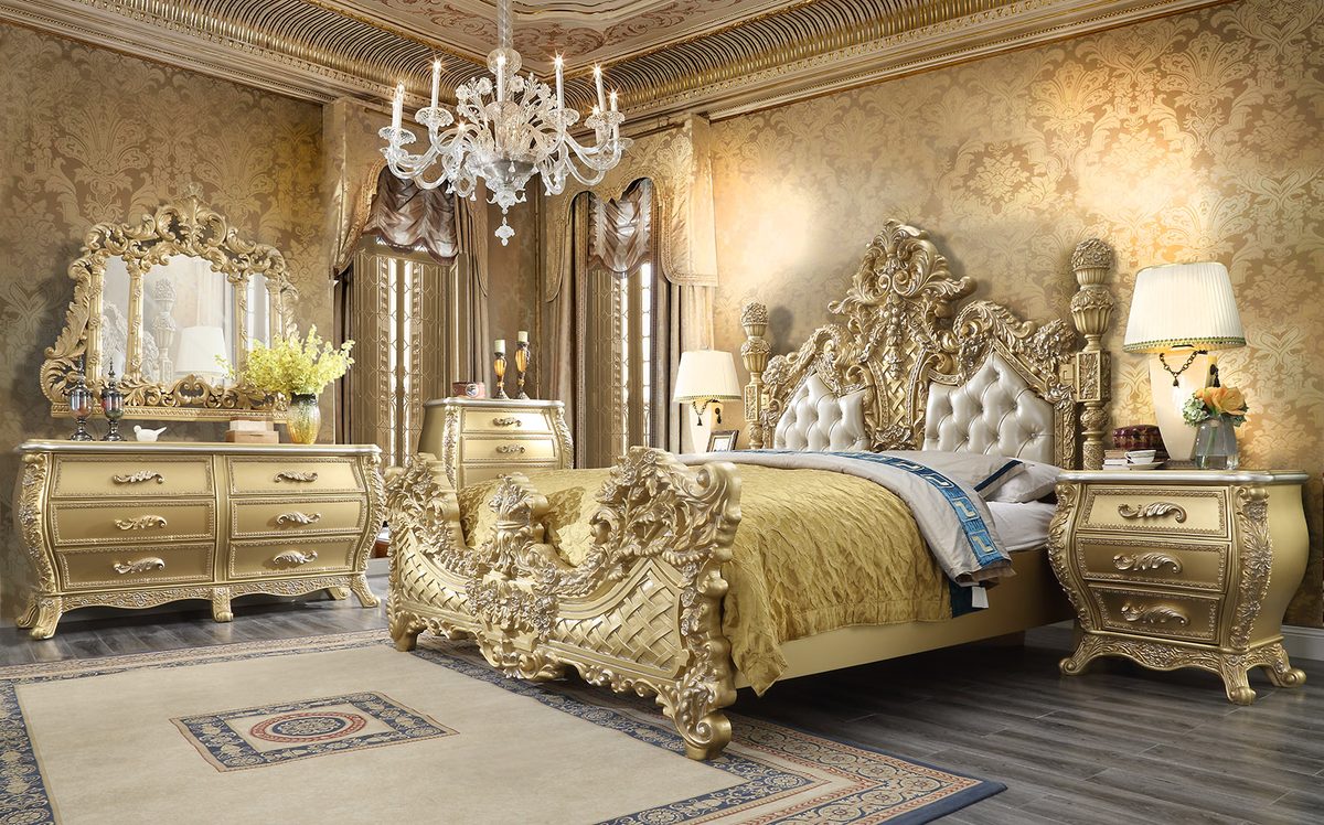 WSE High Quality Teak Wood Antique Gold 5-Piece King Size Bed, King Size Bed