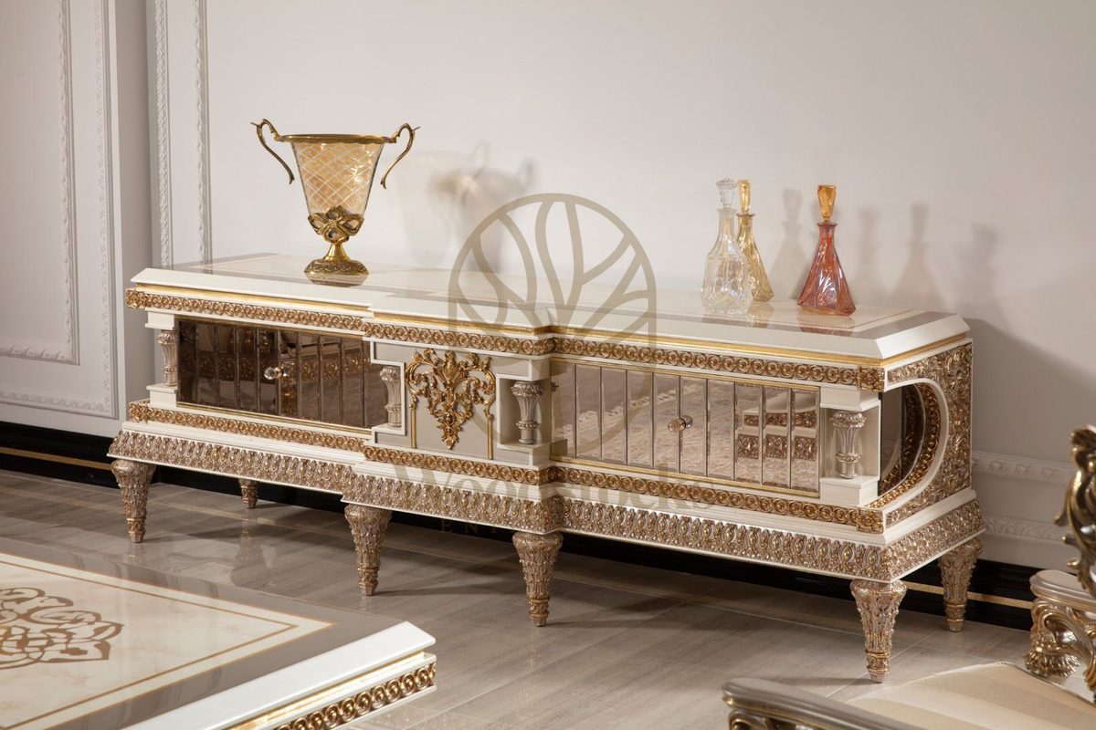 Teak Ornate Cream and Gold TV Cabinet, TV Cabinet