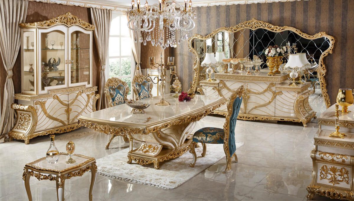 Royal Mecidiye Gold Leaf Hand Carved Teak Dining Table Set, Saharanpur, Dining Table