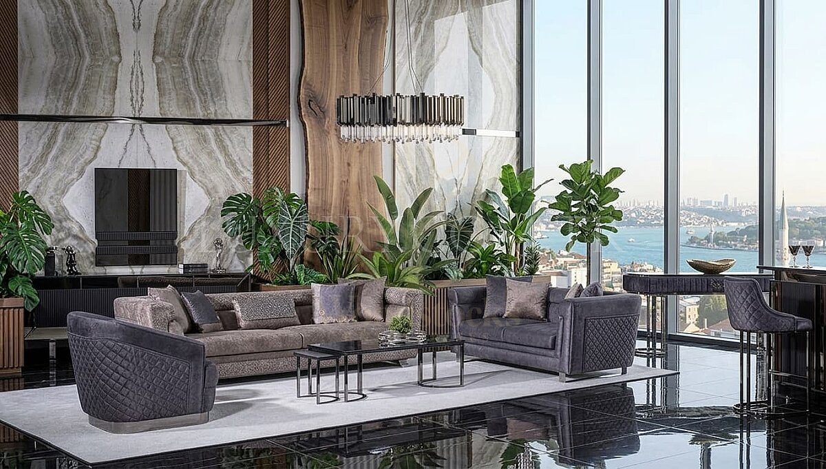 Luxury Savena Anthracite Handcrafted Teak Sofa Set, Saharanpur, Sofa Set
