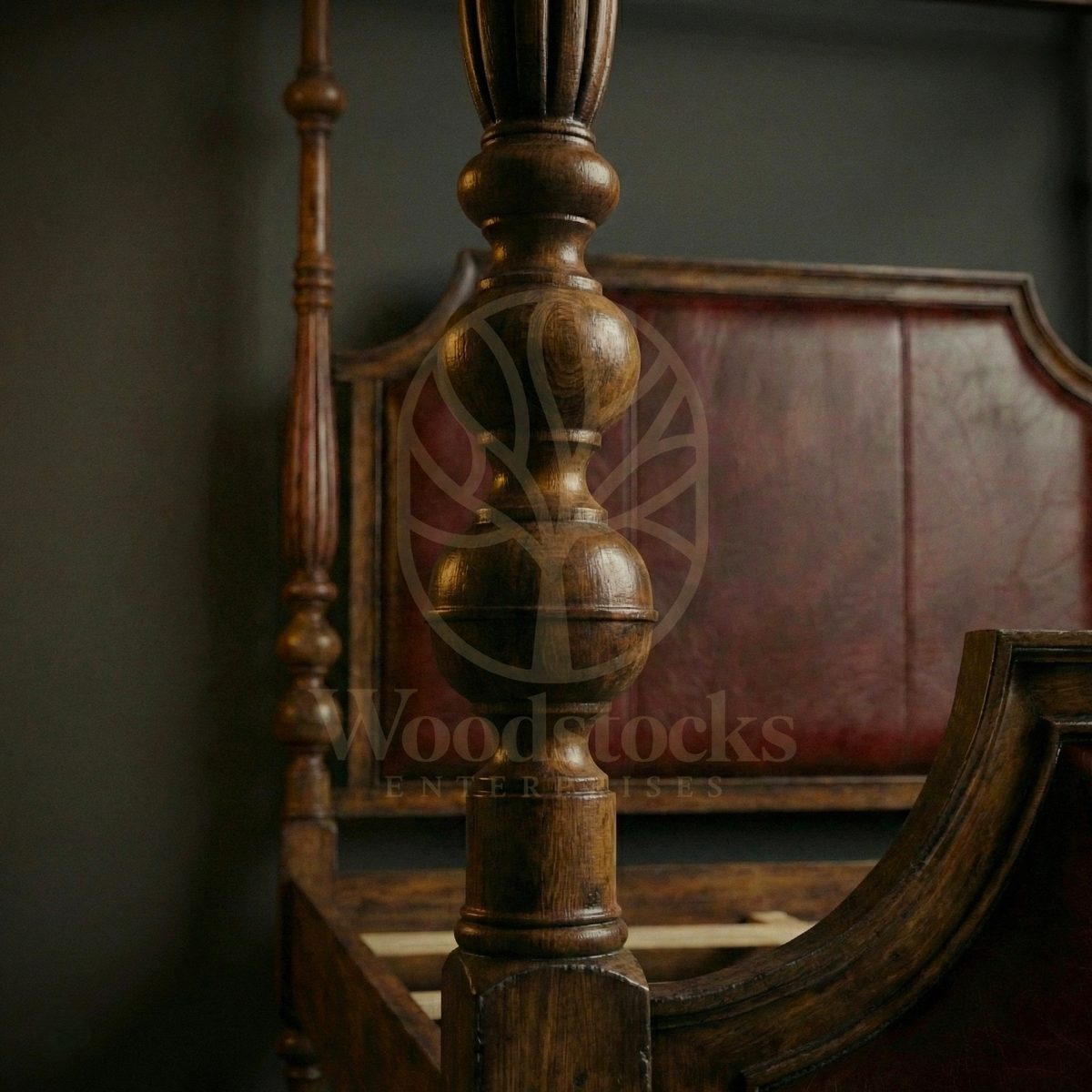 Royal Hand Carved Teak Oxford Manor Leather-Back Four-Poster Bed, Saharanpur, view 5
