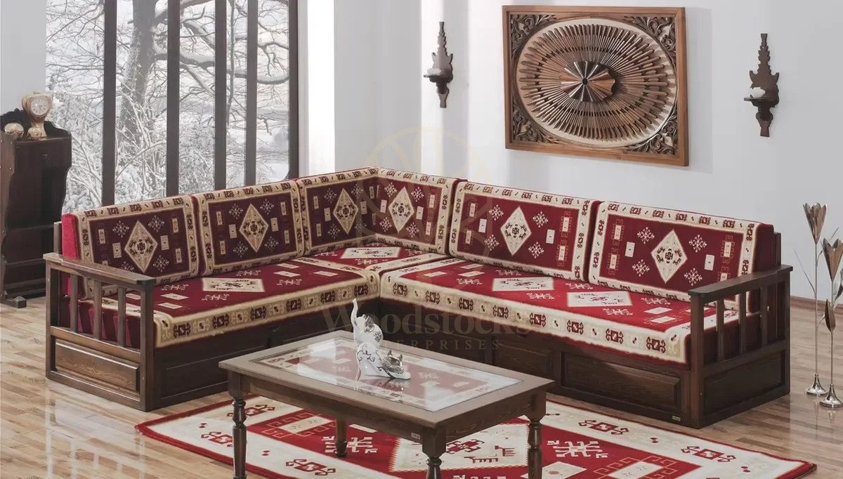 Royal Osmanli Hand Carved Teak L-Shape Sofa, Saharanpur, view 5