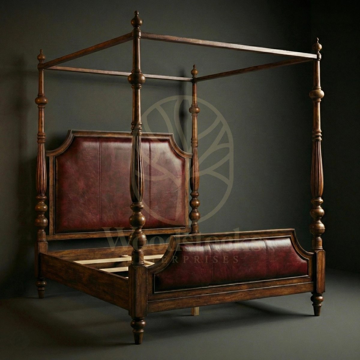 Royal Hand Carved Teak Oxford Manor Leather-Back Four-Poster Bed, Saharanpur, view 2