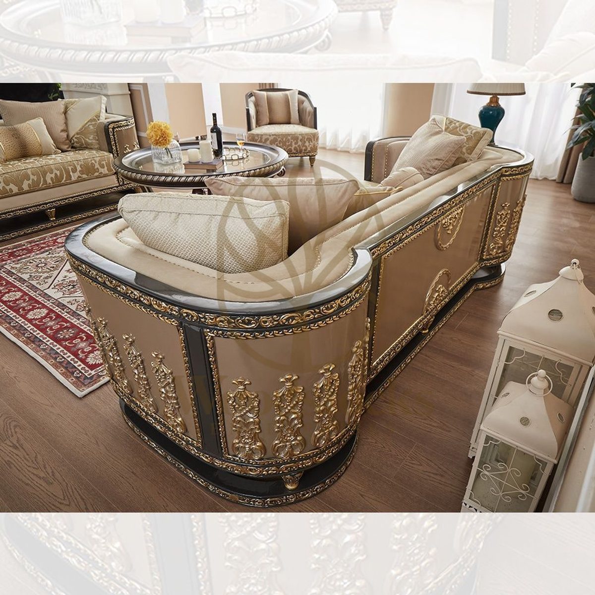 Teak Cabriole Turkish Sofa Set, alternate view