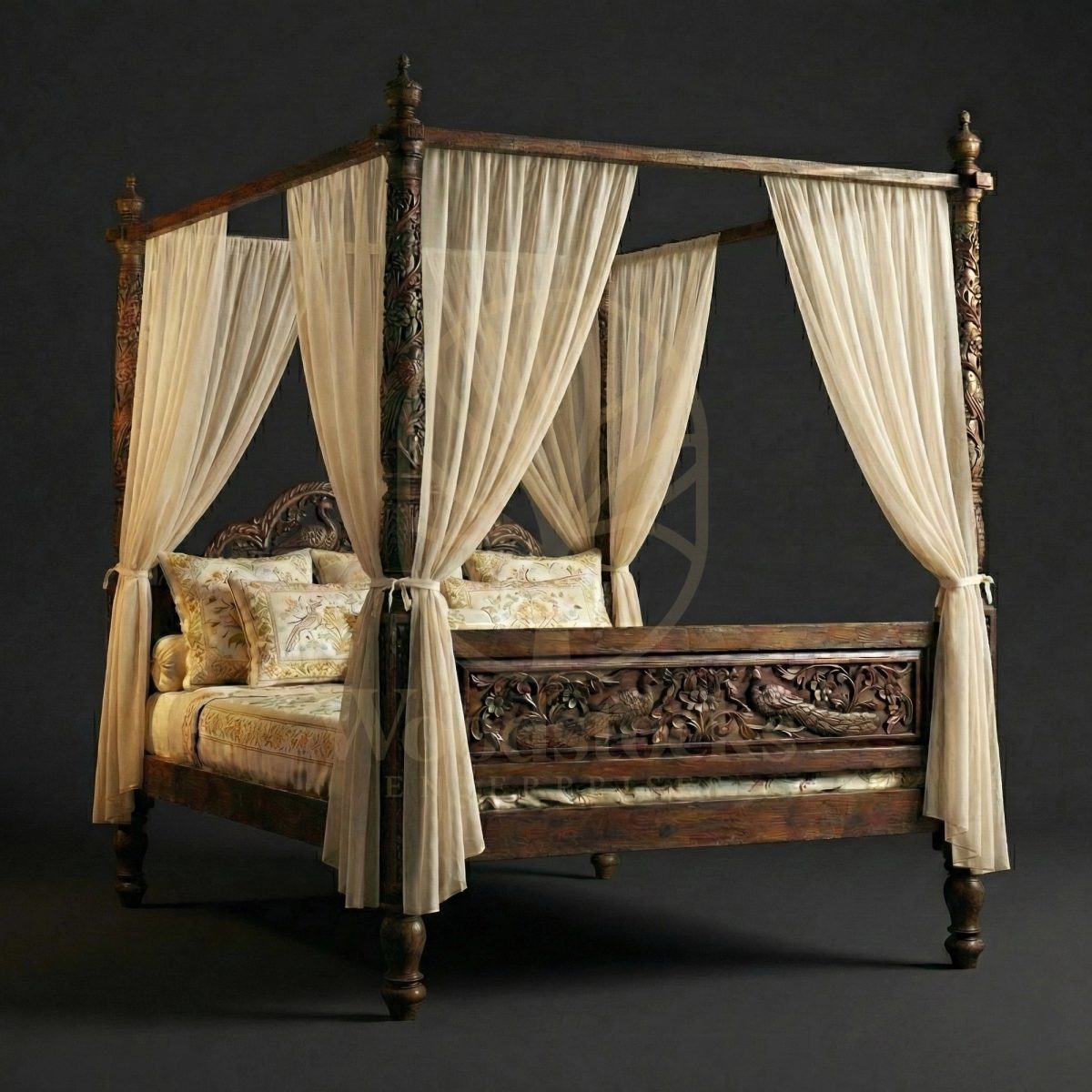 Royal Hand Carved Teak Suratte Peacock Court Four Poster Bed, Saharanpur, Four Poster Bed