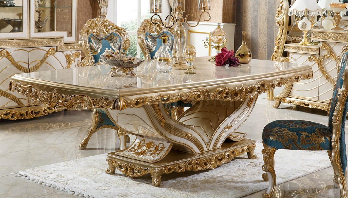 Royal Mecidiye Gold Leaf Hand Carved Teak Dining Table Set, Saharanpur, view 3