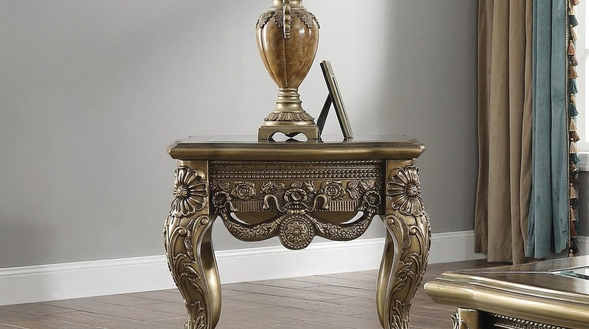 Teak Hand-Carved Antique Gold Corner Table III, End Table / Corner Table