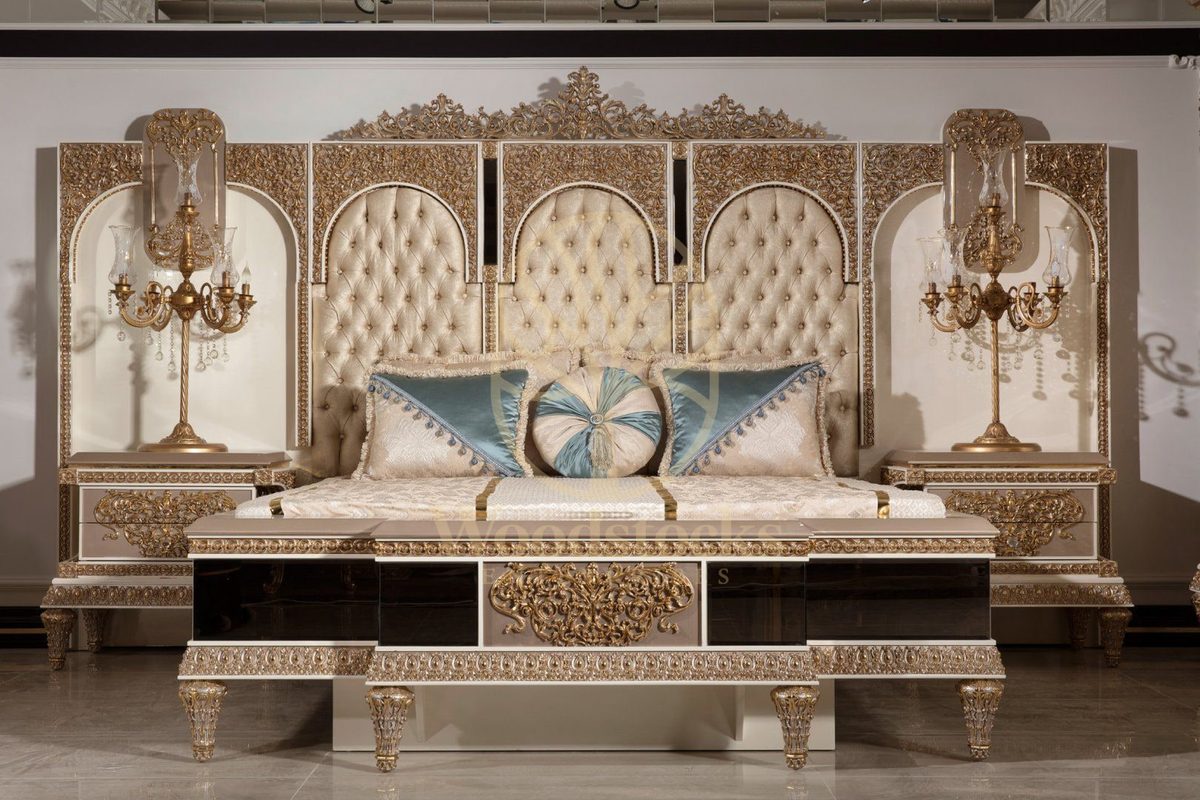 Teak Ornate Cream and Gold 4-Piece King Size Bed, view 12