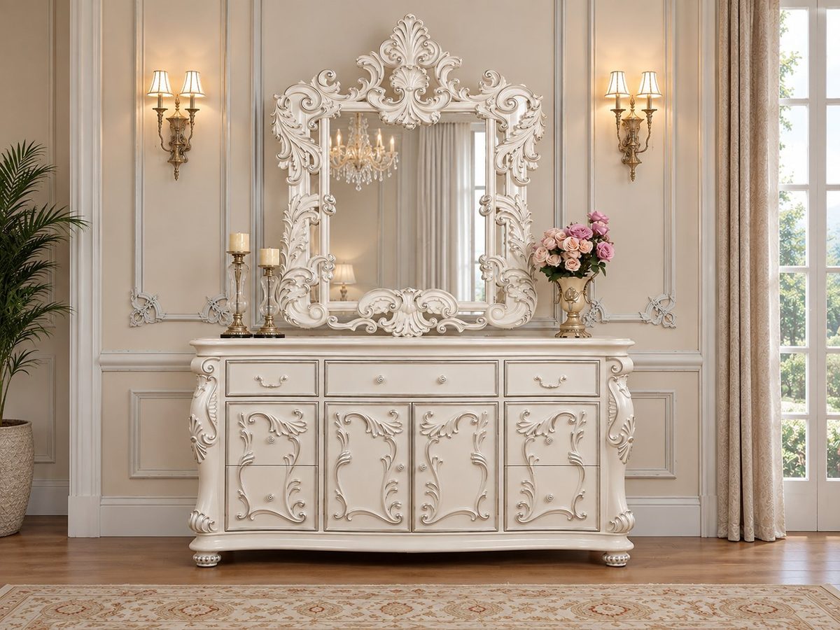 Luxury Ivory Ornate Carved Dresser with Mirror, Dressing Table
