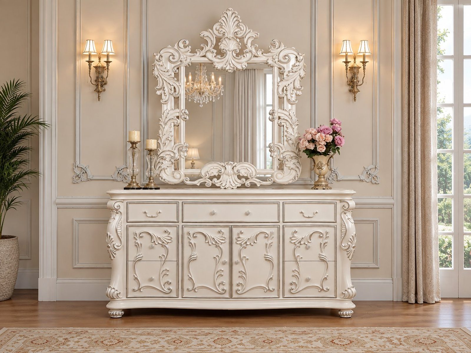 Luxury Ivory Ornate Carved Dresser with Mirror, hand-carved to order at the Woodstocks workshop in Saharanpur