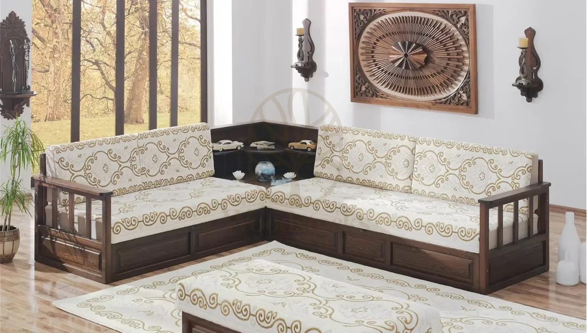 Royal Osmanli Hand Carved Teak L-Shape Sofa, Saharanpur, view 7