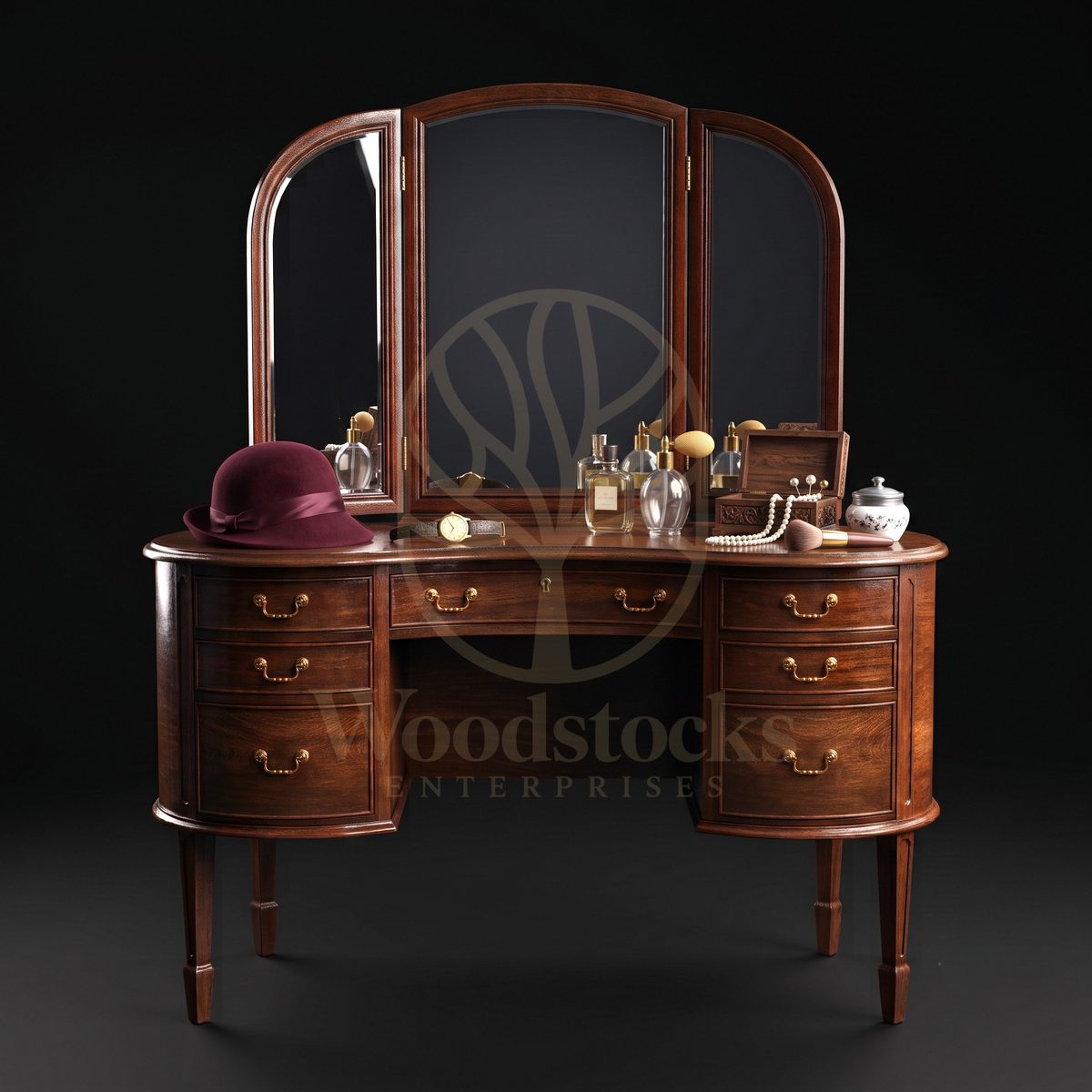 Luxury Teak Mayfair Sheraton-Revival Kidney Vanity Table, Saharanpur, Dressing Table