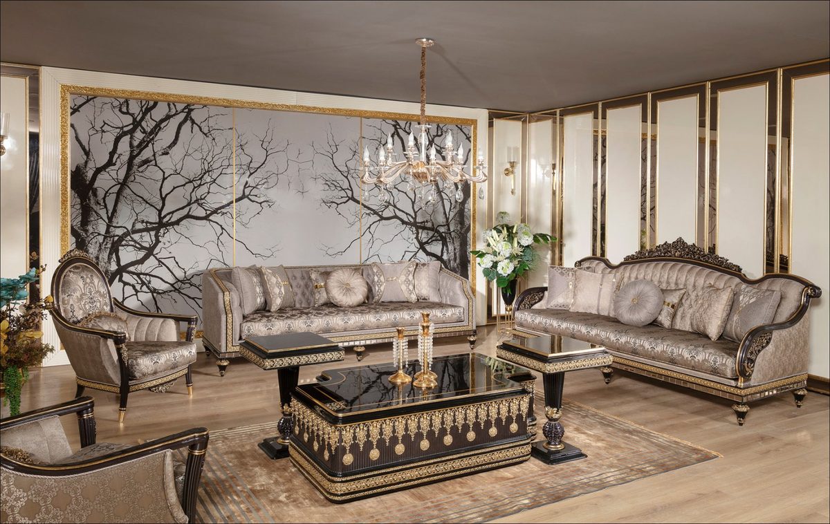 Teak Embroidered Silver Grey Sofa Set, Sofa Set