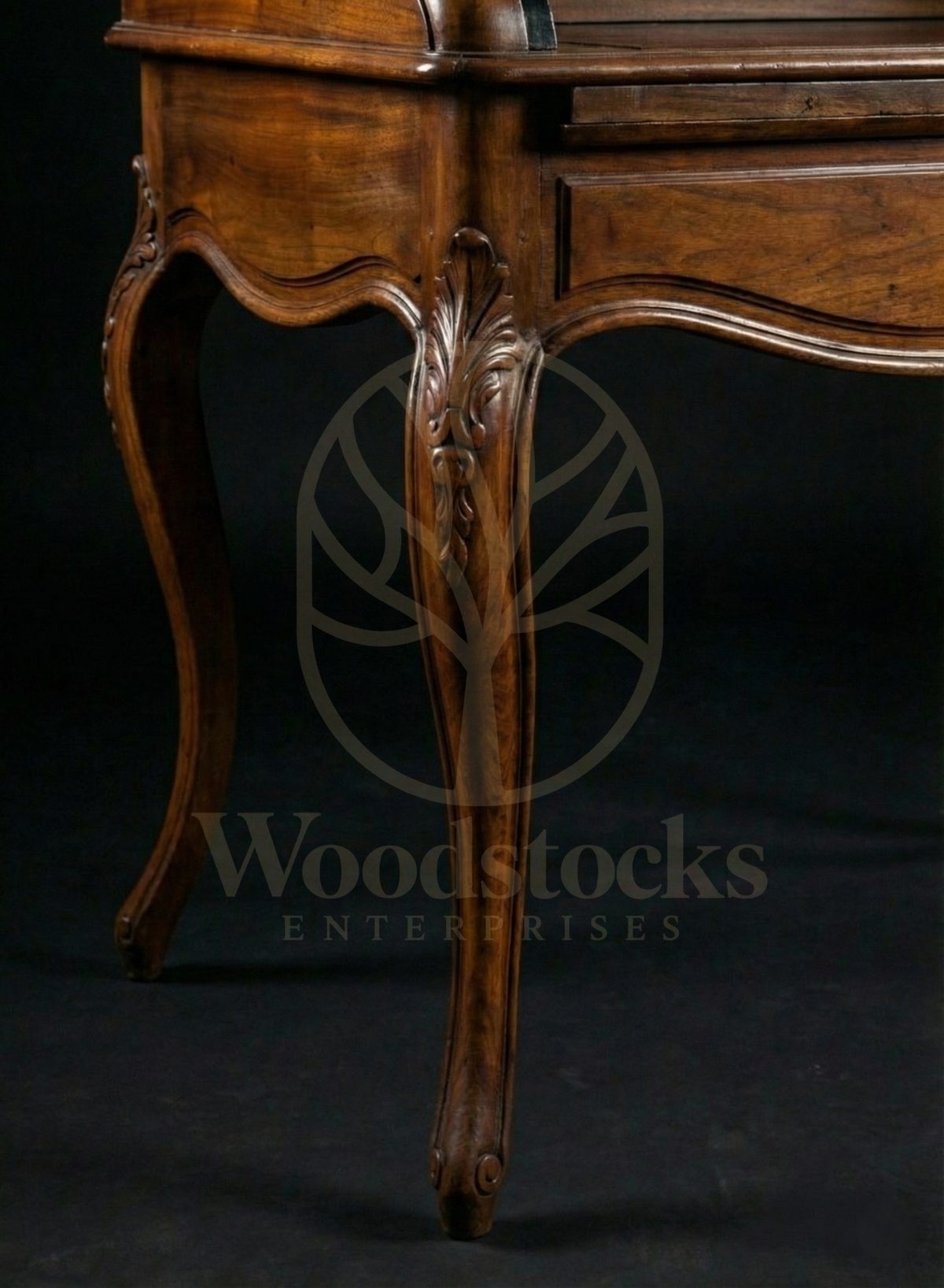 Royal Hand Carved Teak Louis XV Cabinet de Travail Provincial Rocaille Writing Suite, Saharanpur, view 5