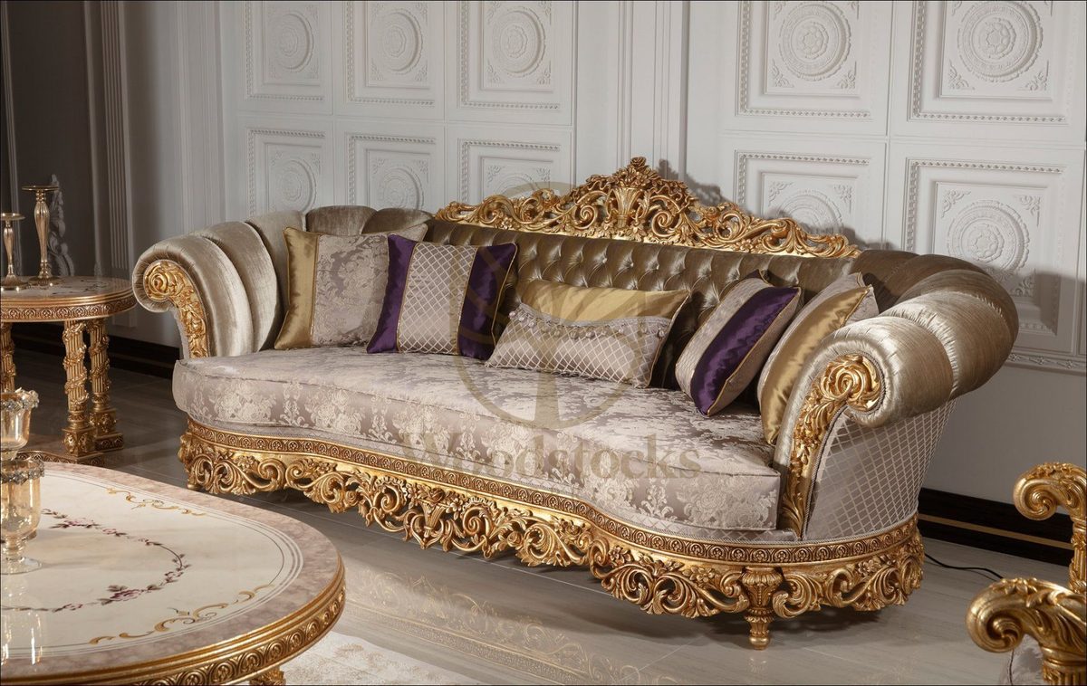 Teak Palace Cream and Gold Carved Sofa Set, alternate view