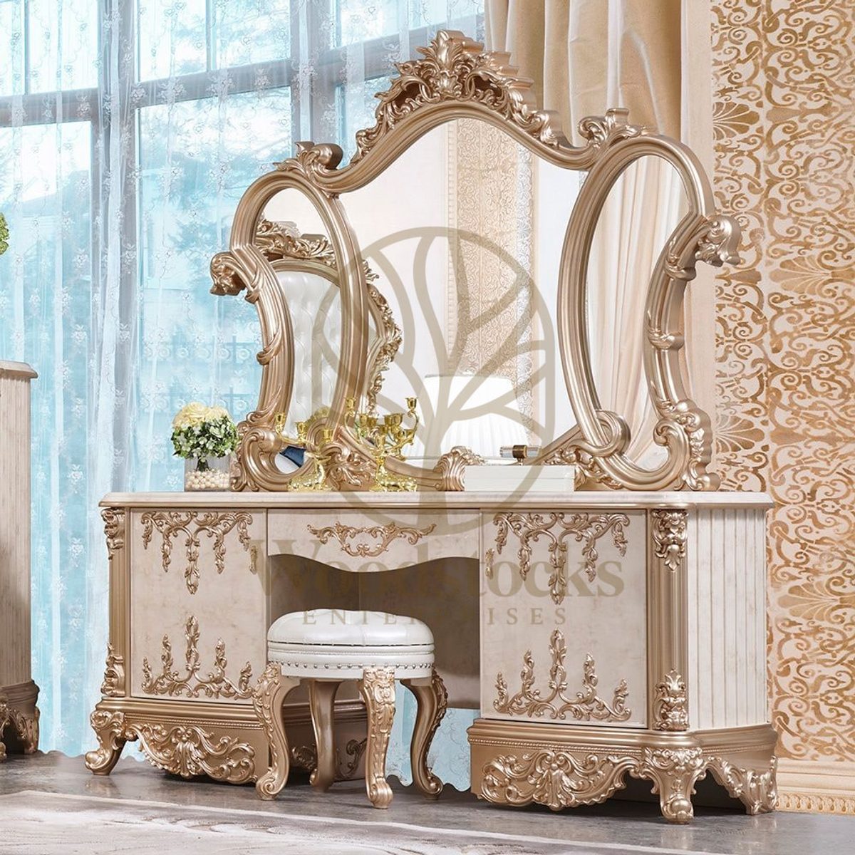 Teak Tufted Ivory Dressing Table, Dressing Table
