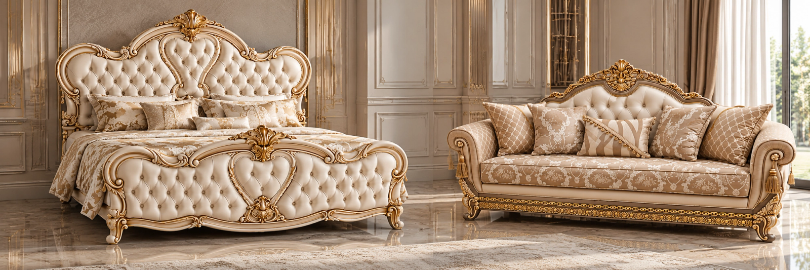 Hand carved wooden bed design with a tufted ivory headboard and gold detailing, beside a matching carved wooden sofa design in damask upholstery