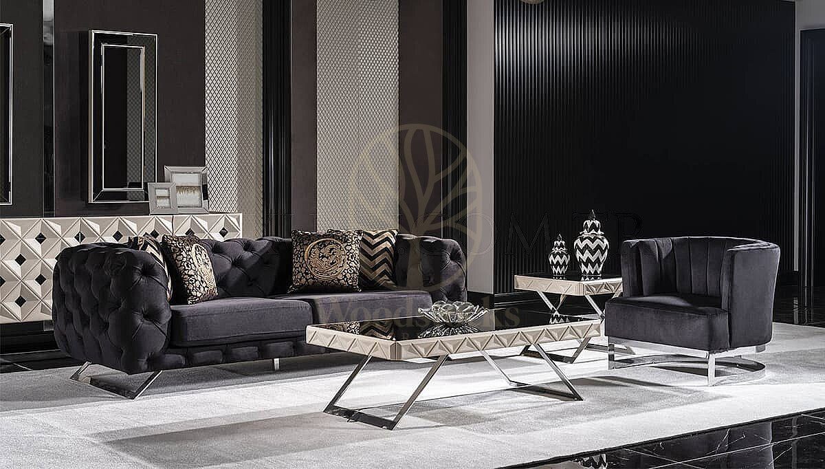 Luxury Amelie White Black Handcrafted Teak Sofa Set, Saharanpur, view 4