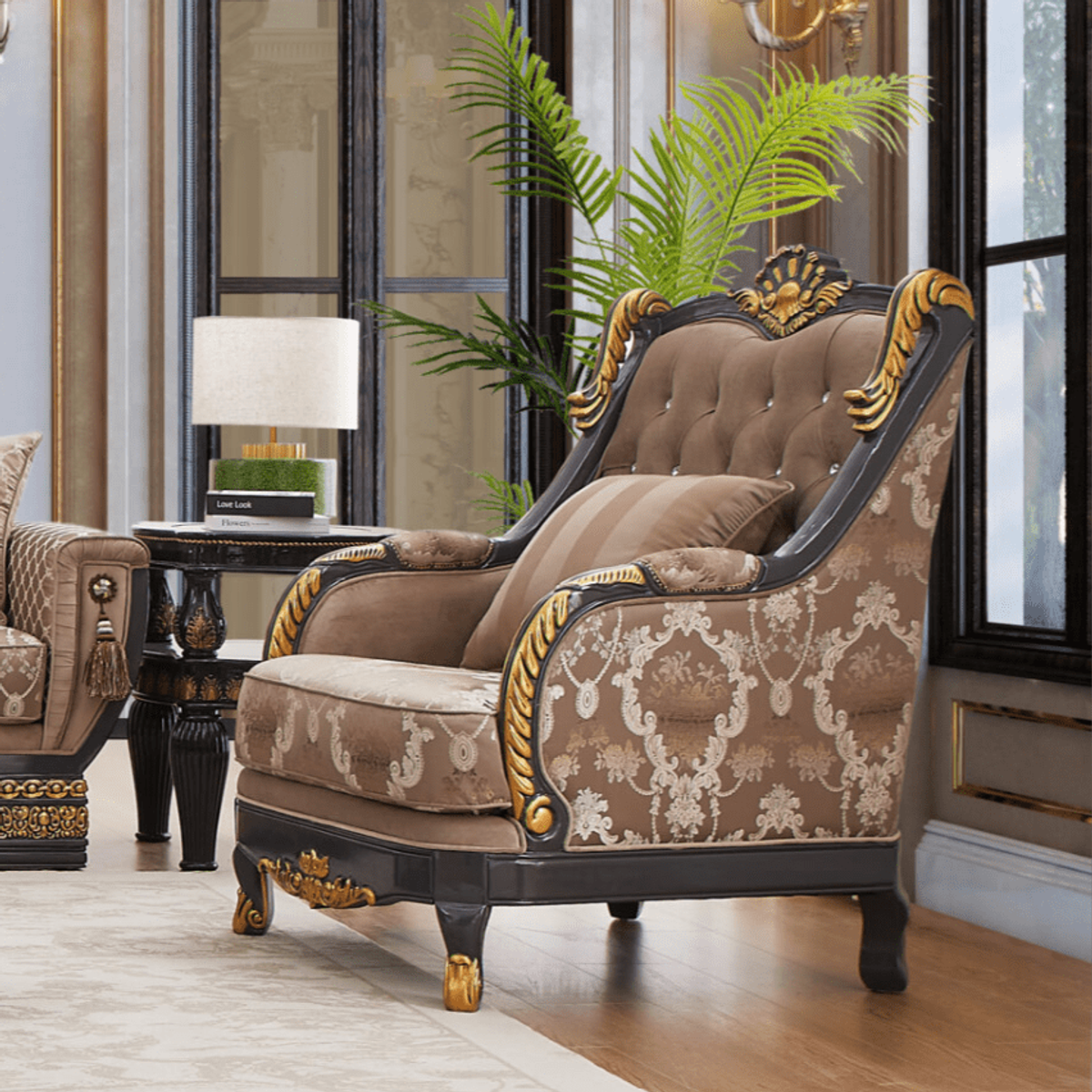 WSE High Quality Teak Wood Ornate Gold Bedroom Chair, Bedroom Chair