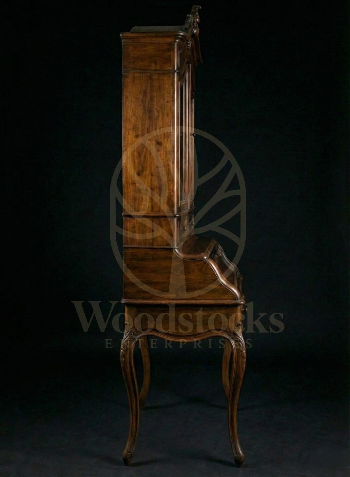 Royal Hand Carved Teak Louis XV Cabinet de Travail Provincial Rocaille Writing Suite, Saharanpur, view 6