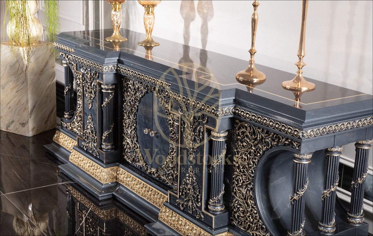 Teak Palace Blue and Gold TV Cabinet, alternate view