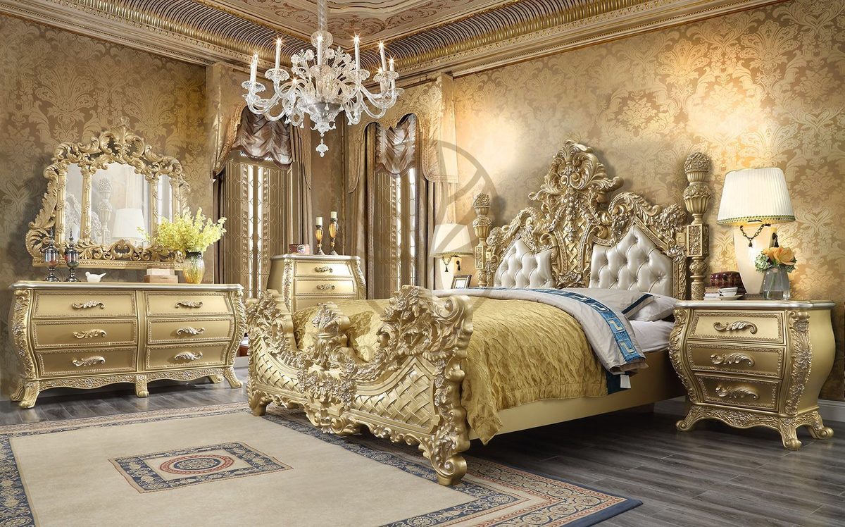 Teak Antique Gold 5-Piece King Size Bed, King Size Bed