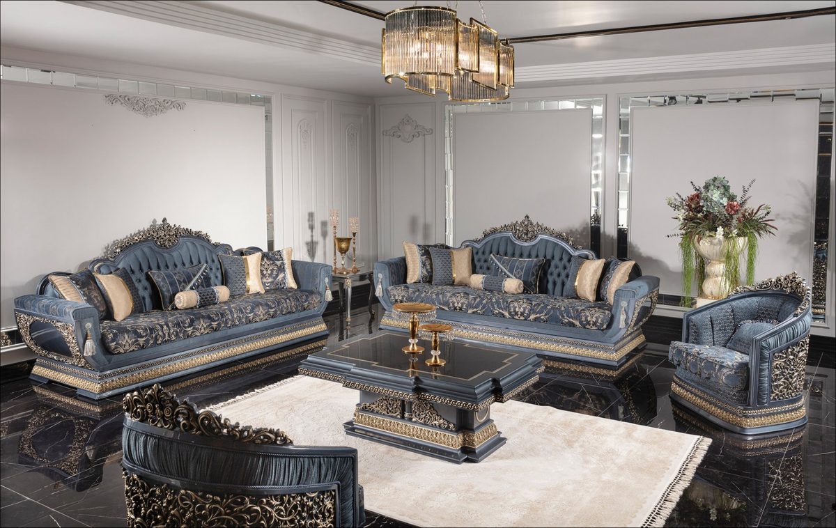 Teak Palace Blue and Silver Carved Sofa Set, Sofa Set