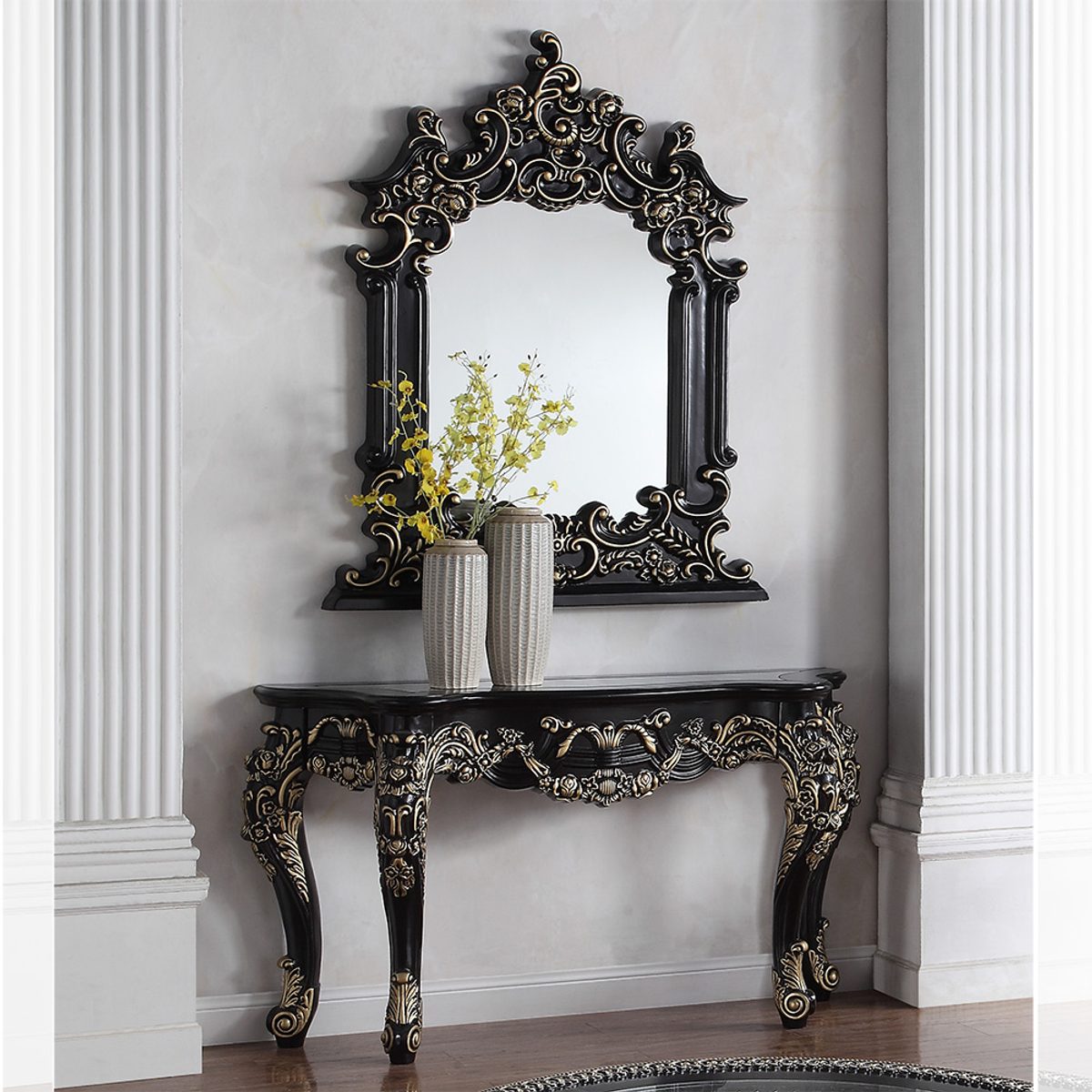 WSE High Quality Teak Wood Hand-Carved Antique Gold Console Table, Console Table