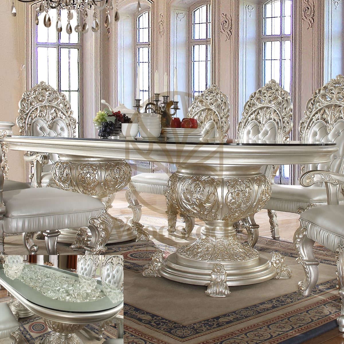 Teak Carved Silver 7-Piece Dining Table III, view 6