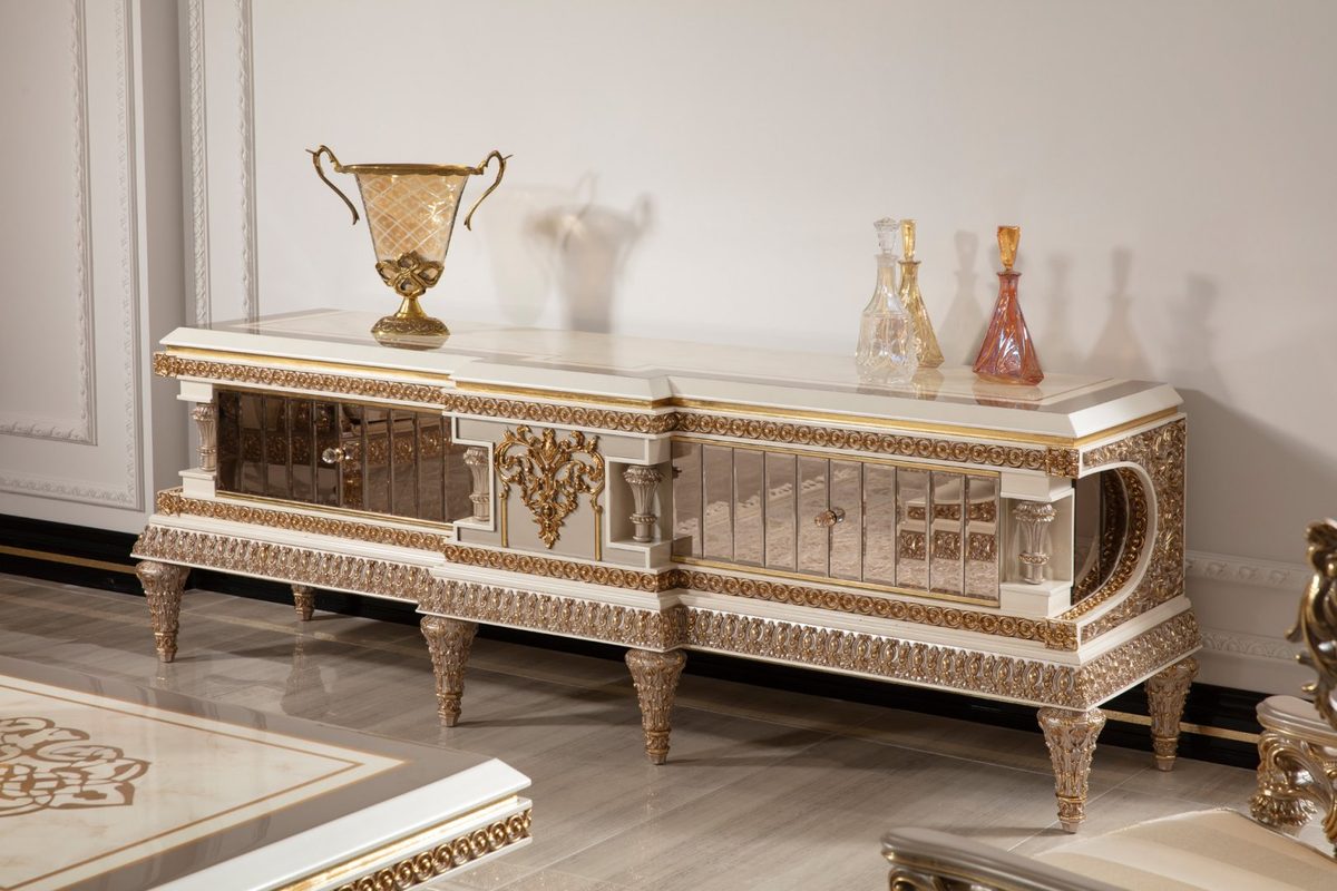 Teak Ornate Cream and Gold TV Cabinet, TV Cabinet