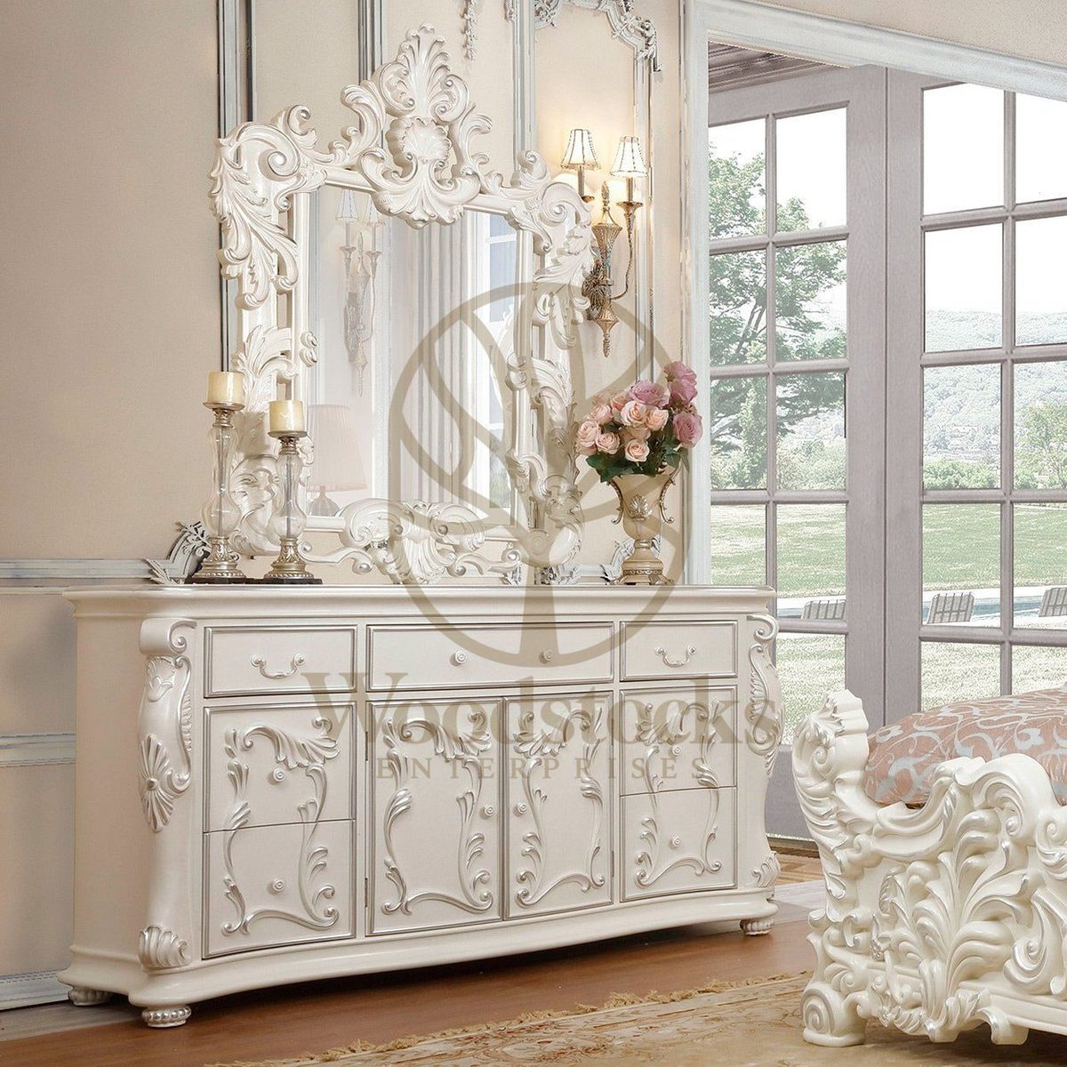 Luxury Ivory Ornate Carved Dresser with Mirror, alternate view