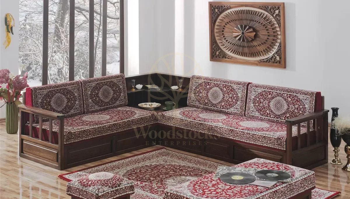 Royal Osmanli Hand Carved Teak L-Shape Sofa, Saharanpur, view 3