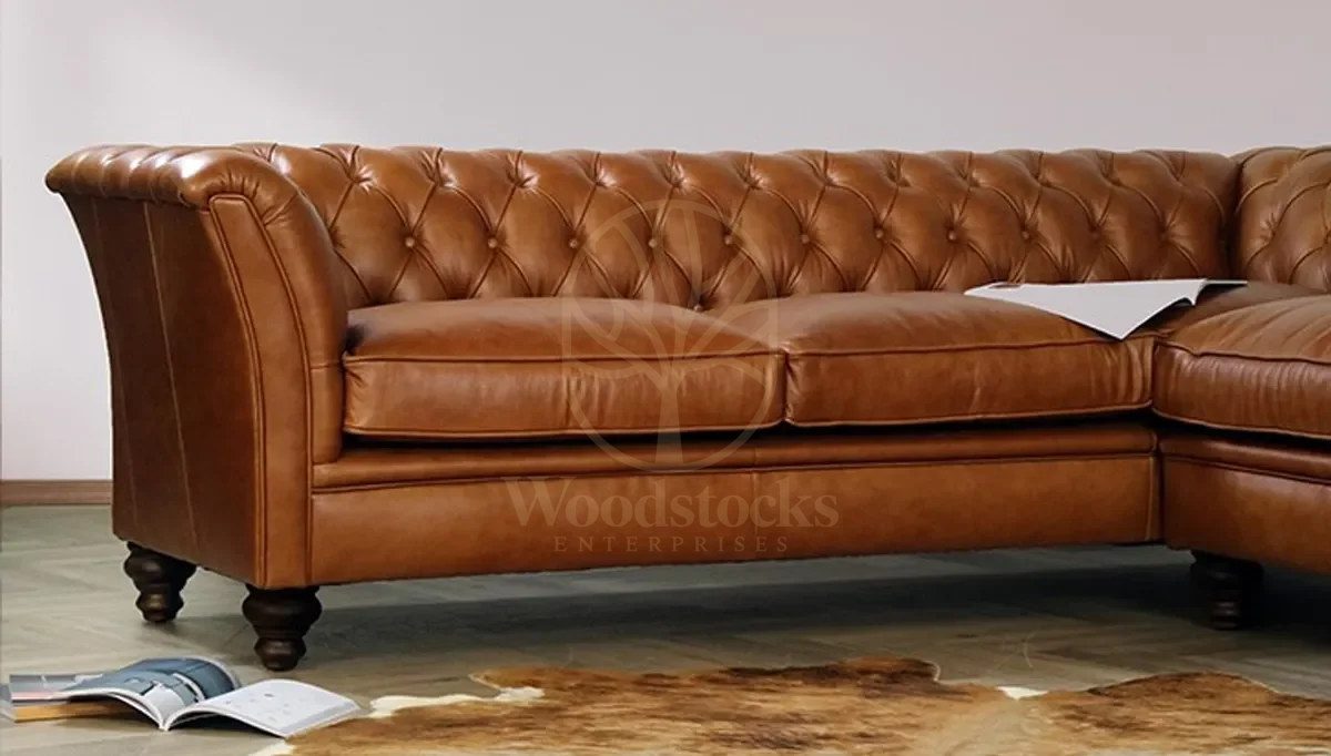 Royal Melton Chesterfield Leather Hand Carved Teak L-Shape Sofa, Saharanpur, view 3