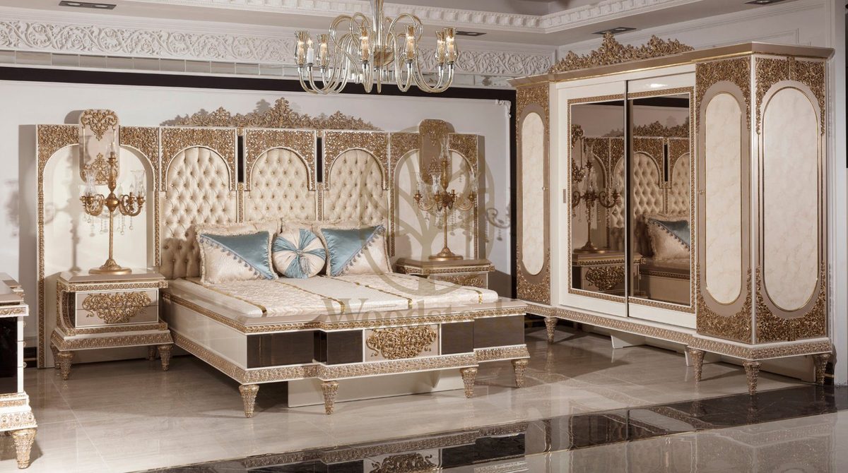 Teak Ornate Cream and Gold 4-Piece King Size Bed, view 8