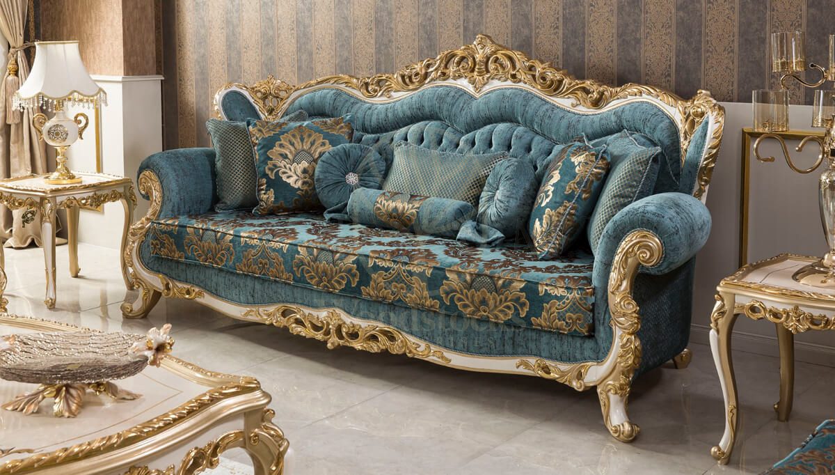 Royal Mecidiye Gold Leaf Hand Carved Teak Sofa Set, Saharanpur, view 3