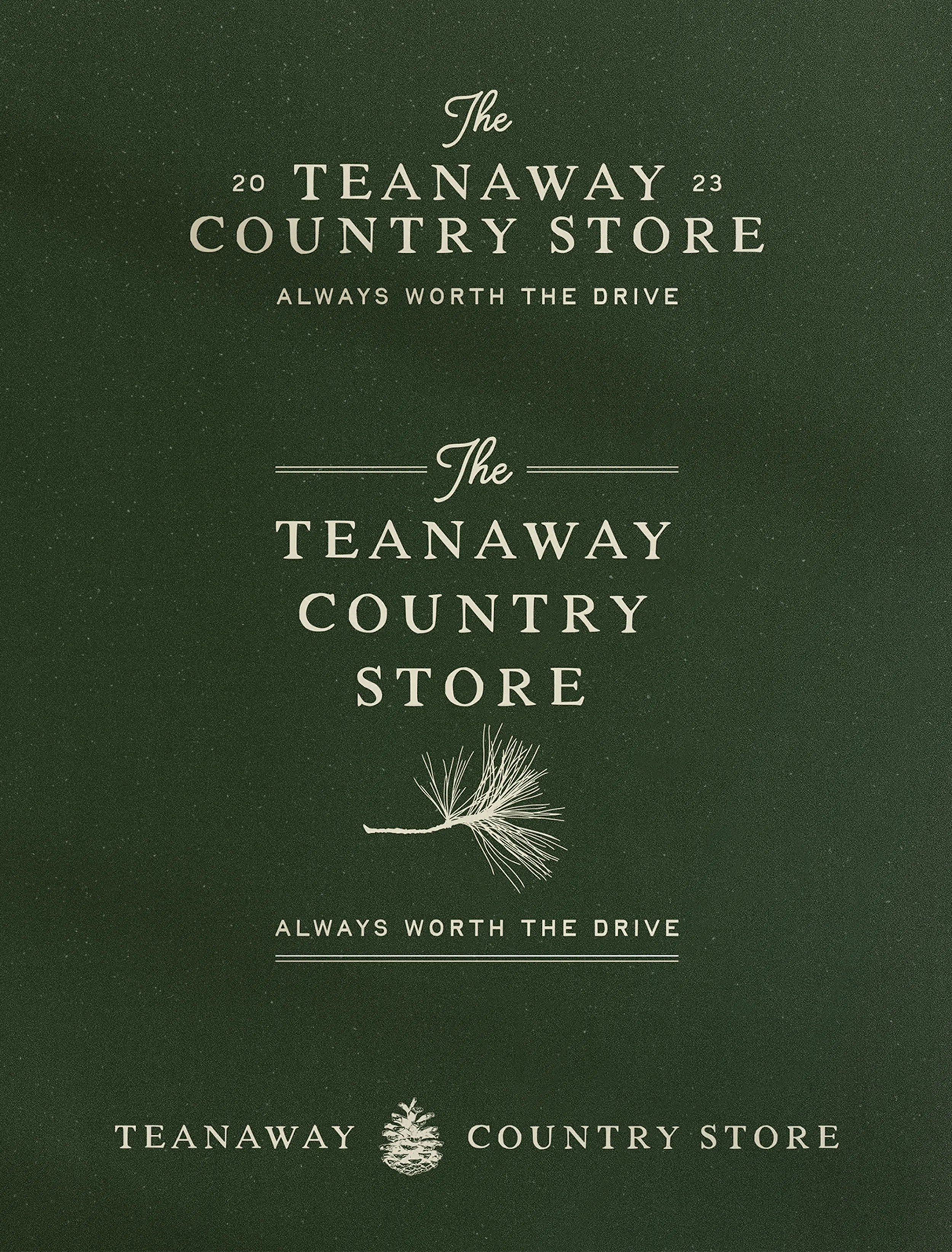 Teanaway Country Store logo lockup variations shown in cream on dark green, including stacked, horizontal, and pinecone-mark versions.