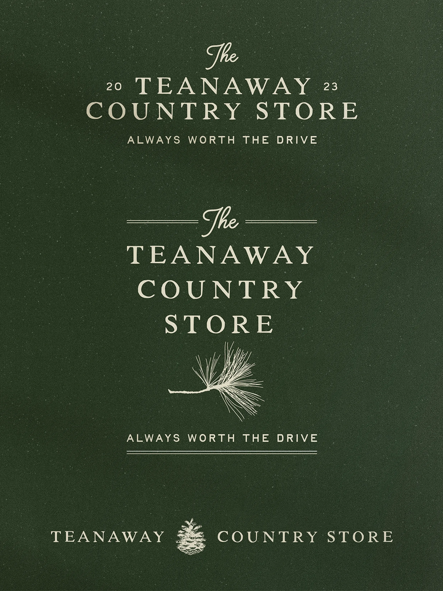 Teanaway Country Store logo lockup variations shown in cream on dark green, including stacked, horizontal, and pinecone-mark versions.