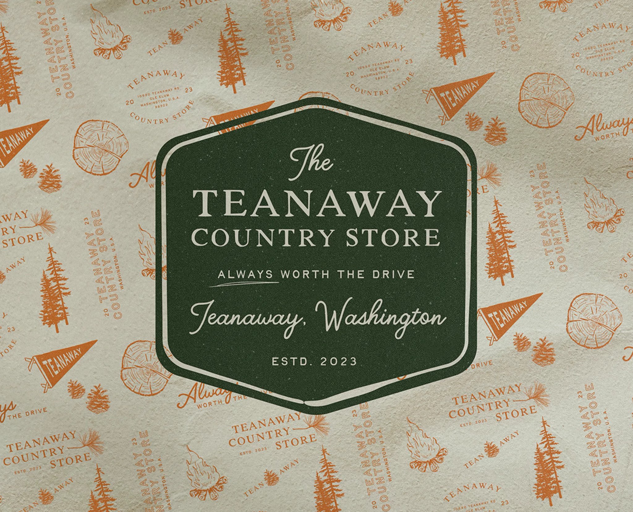 Teanaway Country Store vintage-style badge logo centered on a cream background patterned with hand-drawn pine trees, campfires, and pennants."